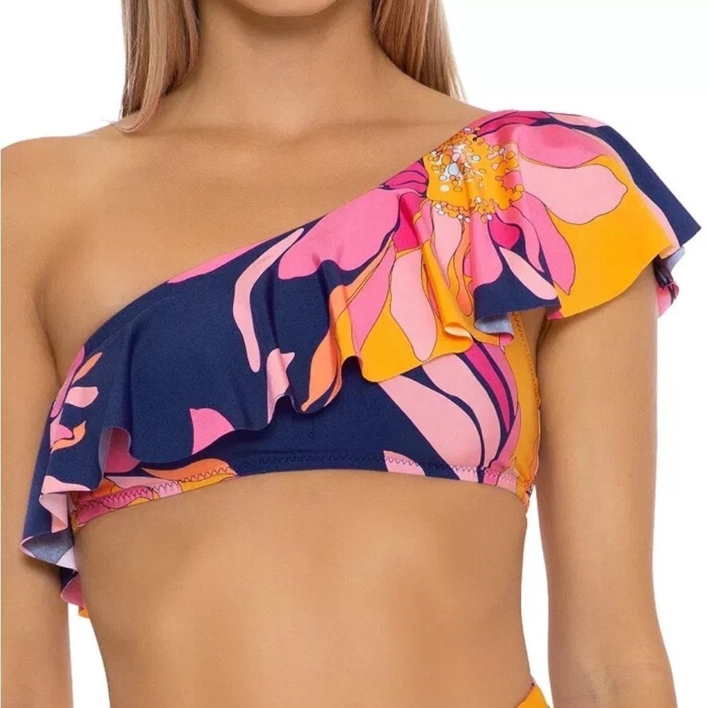 Nwt Trina Turk Breeze Ruffled One Shoulder Bikini Top Floral Swimsuit Sz 12